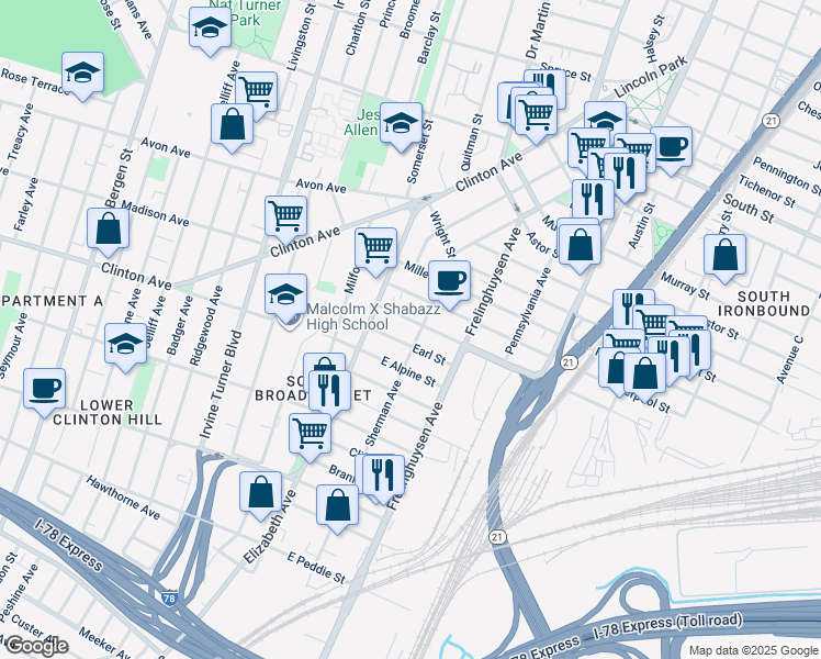 map of restaurants, bars, coffee shops, grocery stores, and more near 46 Poinier Street in Newark