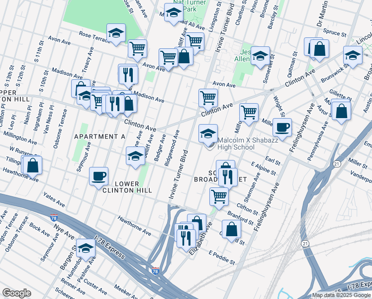 map of restaurants, bars, coffee shops, grocery stores, and more near 433 Irvine Turner Boulevard in Newark