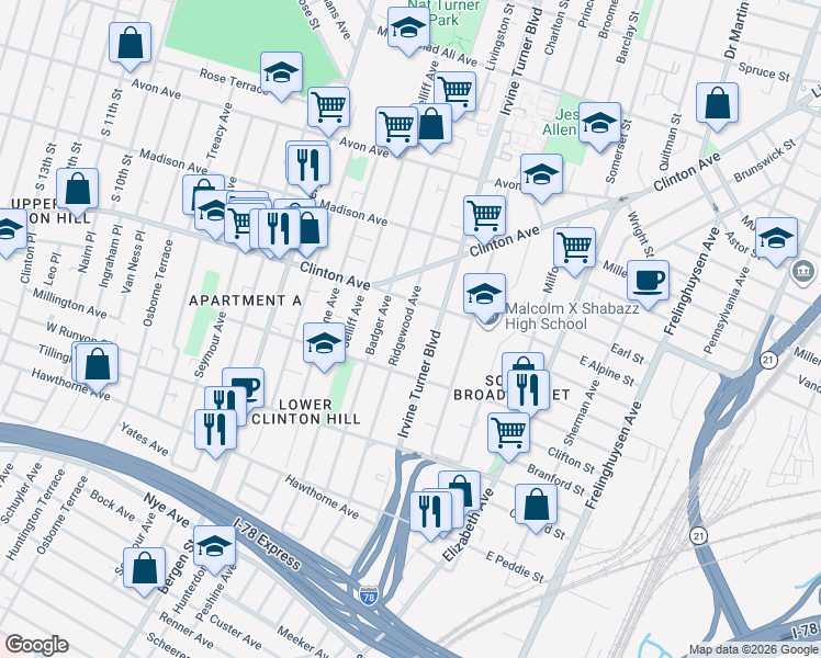 map of restaurants, bars, coffee shops, grocery stores, and more near 134 Ridgewood Avenue in Newark