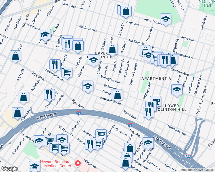 map of restaurants, bars, coffee shops, grocery stores, and more near 67 Tillinghast Street in Newark