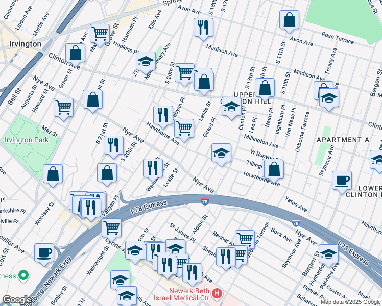 map of restaurants, bars, coffee shops, grocery stores, and more near 10 Hobson Street in Newark