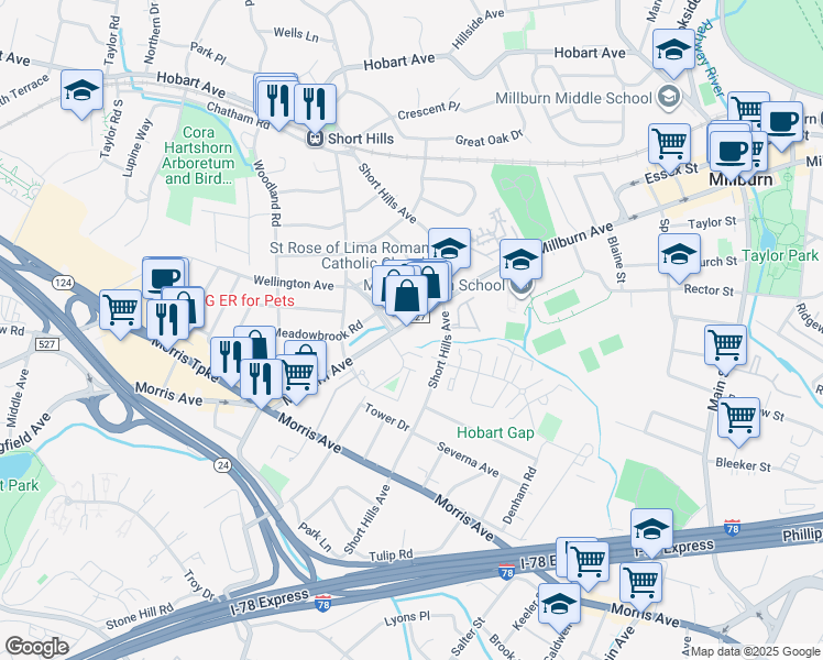 map of restaurants, bars, coffee shops, grocery stores, and more near in Millburn