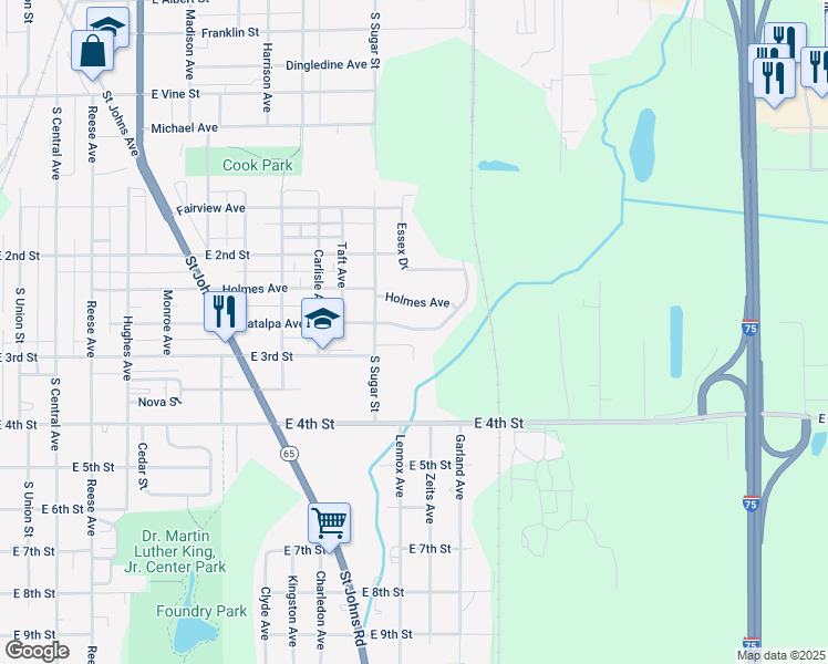 map of restaurants, bars, coffee shops, grocery stores, and more near 1300-1350 South Perry Street in Lima