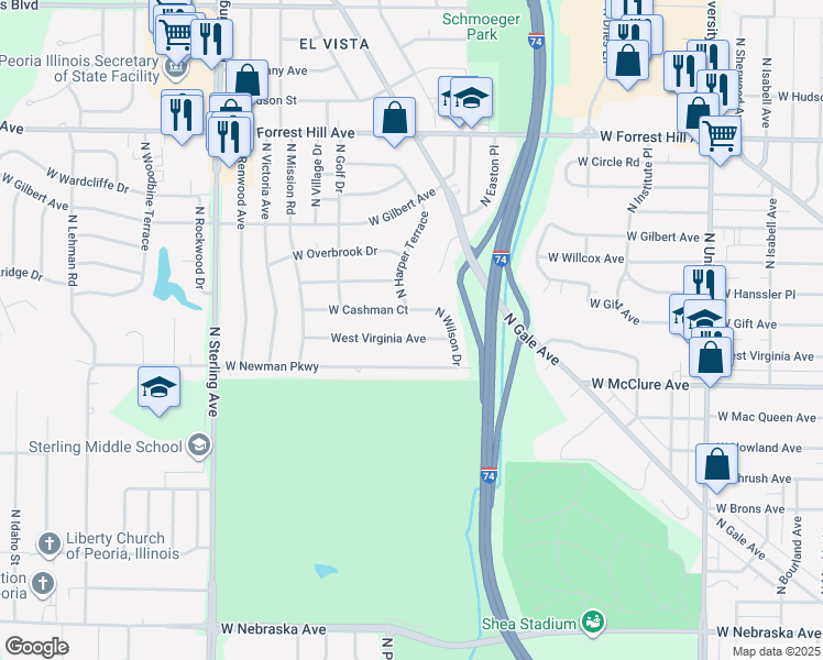 map of restaurants, bars, coffee shops, grocery stores, and more near 2014 W Virginia Ave in Peoria