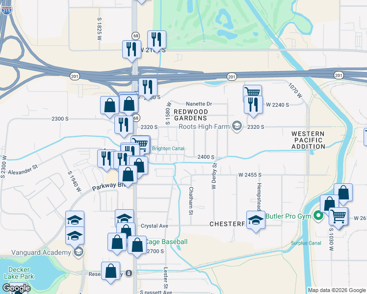 map of restaurants, bars, coffee shops, grocery stores, and more near 1522 West Oak Lawn Court in West Valley City