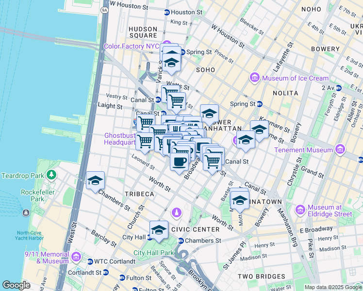 map of restaurants, bars, coffee shops, grocery stores, and more near 39 Walker Street in New York