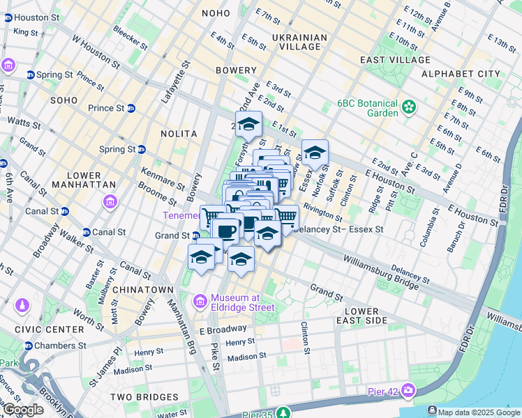 map of restaurants, bars, coffee shops, grocery stores, and more near 117 Orchard Street in New York