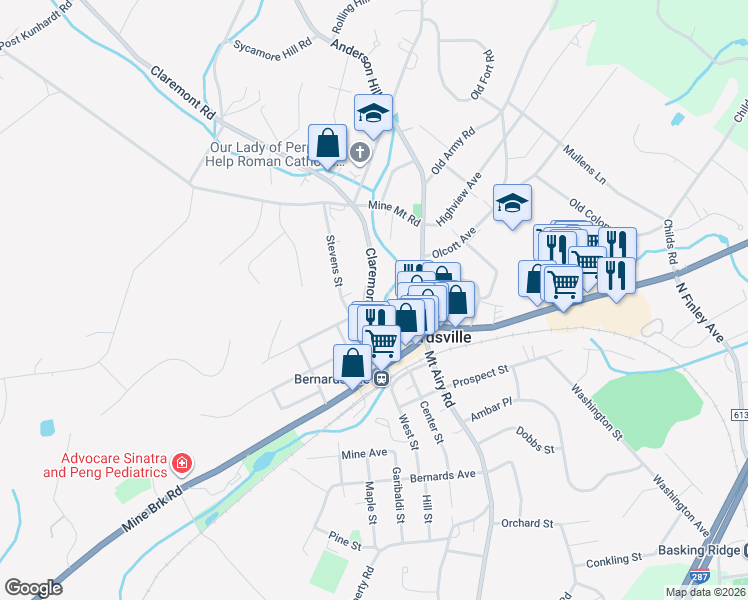 map of restaurants, bars, coffee shops, grocery stores, and more near 61 Claremont Road in Bernardsville