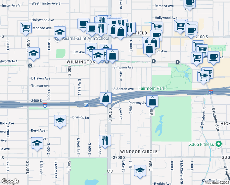 map of restaurants, bars, coffee shops, grocery stores, and more near 2361 Lake Street in Salt Lake City