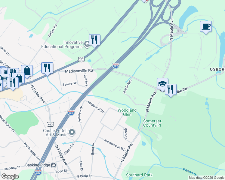 map of restaurants, bars, coffee shops, grocery stores, and more near 34 Roberts Circle in Basking Ridge