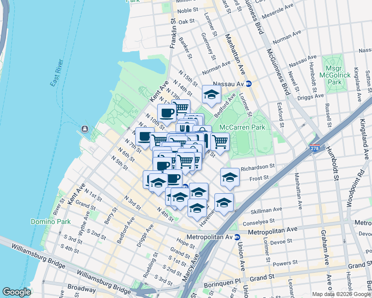 map of restaurants, bars, coffee shops, grocery stores, and more near 126 Bedford Avenue in Brooklyn