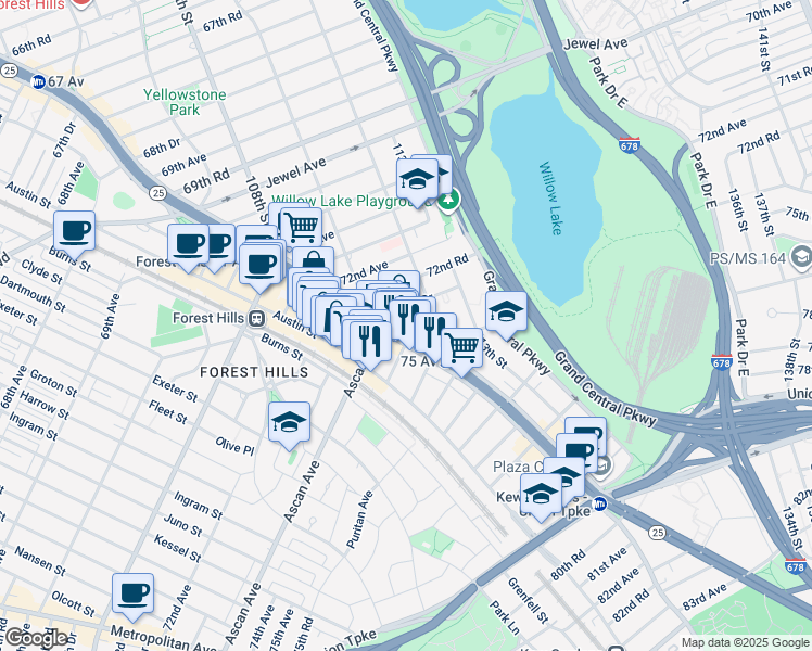 map of restaurants, bars, coffee shops, grocery stores, and more near 110-7 73rd Road in Queens