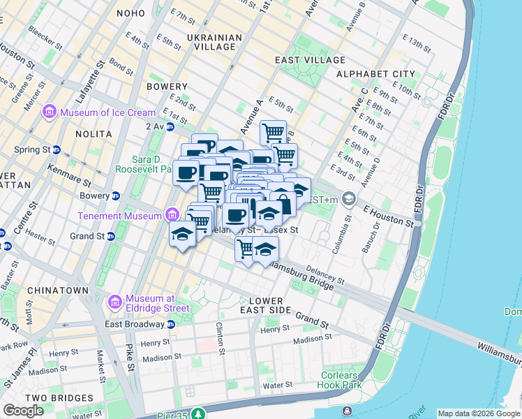 map of restaurants, bars, coffee shops, grocery stores, and more near 50 Clinton Street in New York