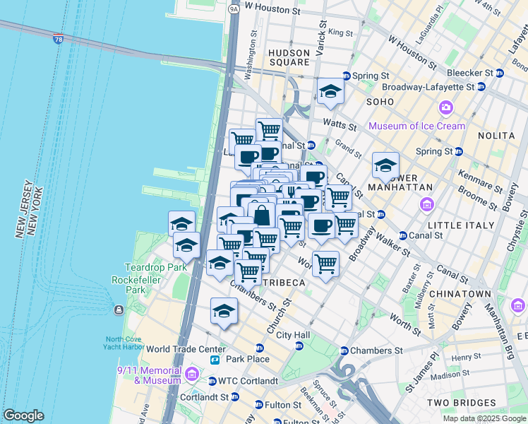 map of restaurants, bars, coffee shops, grocery stores, and more near 162 Franklin Street in New York