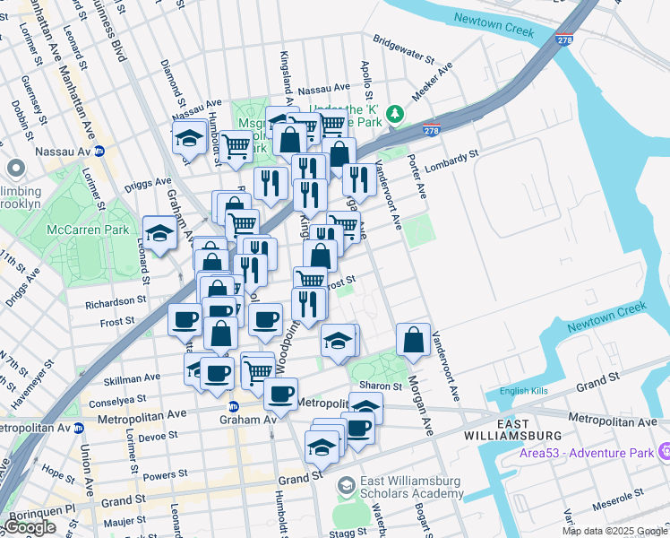 map of restaurants, bars, coffee shops, grocery stores, and more near 289 Frost Street in Brooklyn