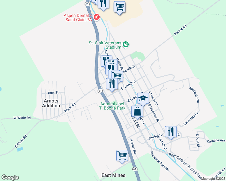 map of restaurants, bars, coffee shops, grocery stores, and more near 11 North 3rd Street in Saint Clair