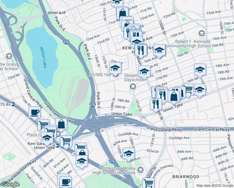 map of restaurants, bars, coffee shops, grocery stores, and more near 78-11 138th Street in Queens