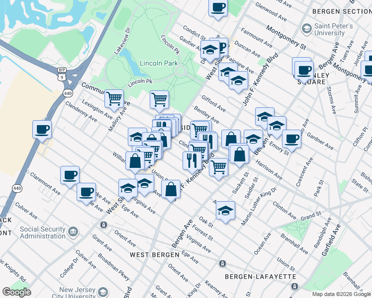 map of restaurants, bars, coffee shops, grocery stores, and more near 90 Lexington Avenue in Jersey City