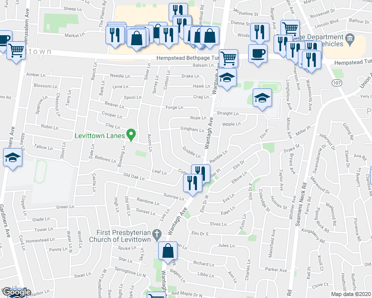 map of restaurants, bars, coffee shops, grocery stores, and more near 25 Griddle Lane in Levittown