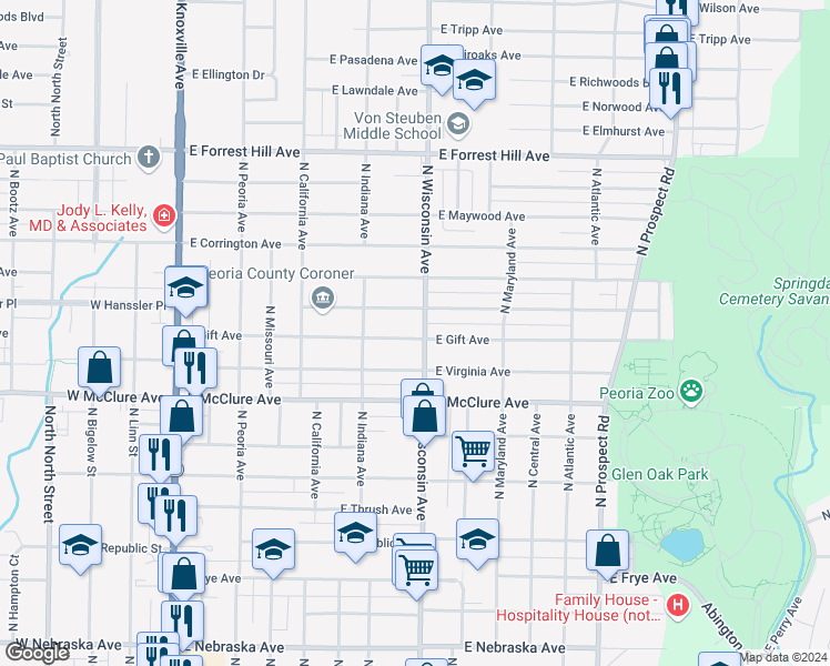 map of restaurants, bars, coffee shops, grocery stores, and more near 735 East Gift Avenue in Peoria