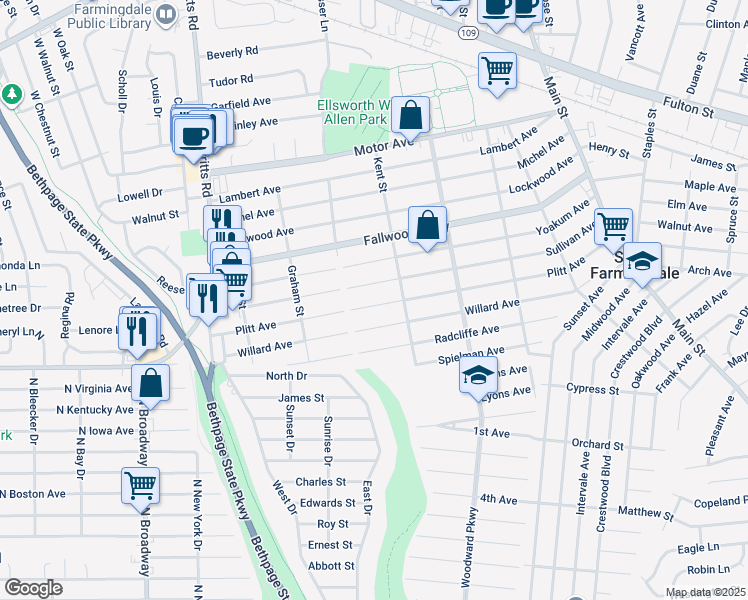 map of restaurants, bars, coffee shops, grocery stores, and more near 150 Plitt Avenue in Farmingdale