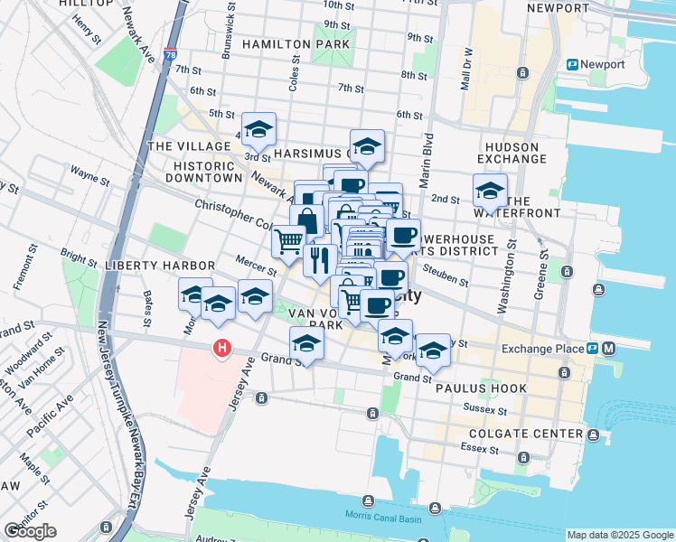 map of restaurants, bars, coffee shops, grocery stores, and more near 49 Wayne Street in Jersey City