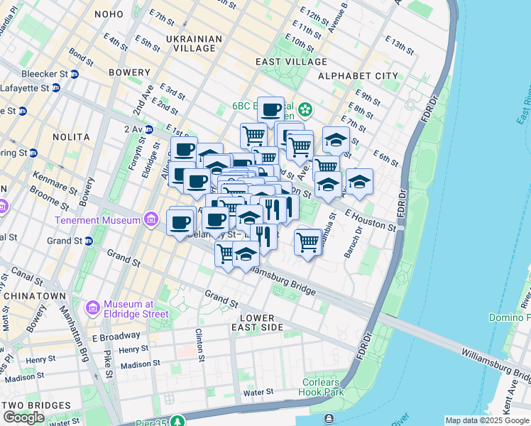 map of restaurants, bars, coffee shops, grocery stores, and more near 129 Ridge Street in New York