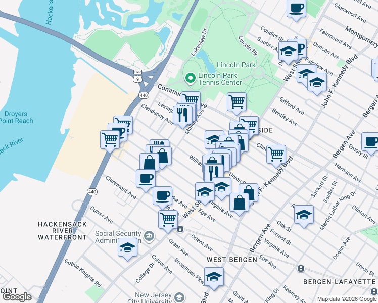 map of restaurants, bars, coffee shops, grocery stores, and more near 59 Williams Avenue in Jersey City