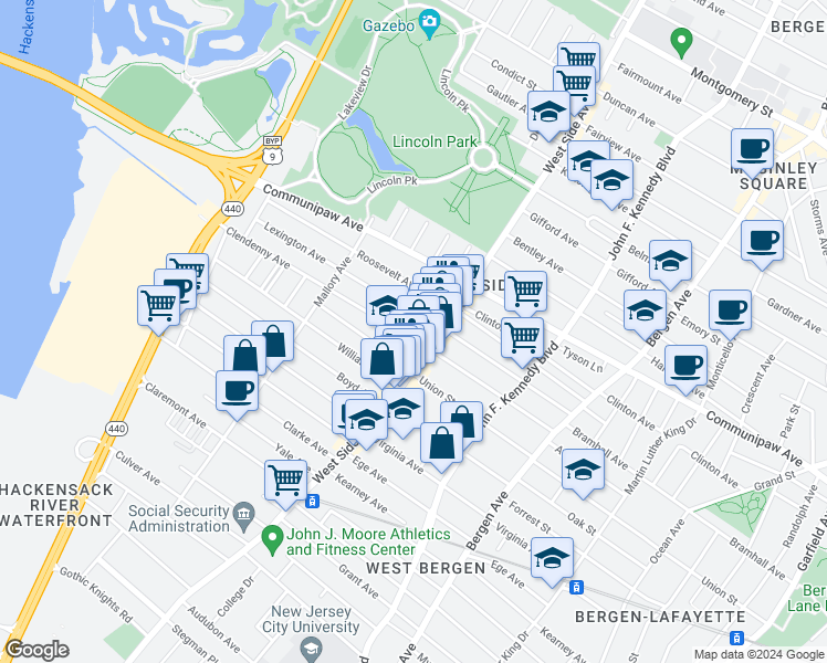 map of restaurants, bars, coffee shops, grocery stores, and more near 146 Clendenny Avenue in Jersey City