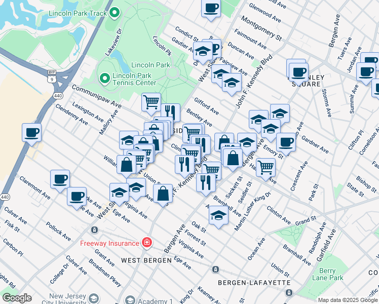 map of restaurants, bars, coffee shops, grocery stores, and more near 193 Clinton Avenue in Jersey City