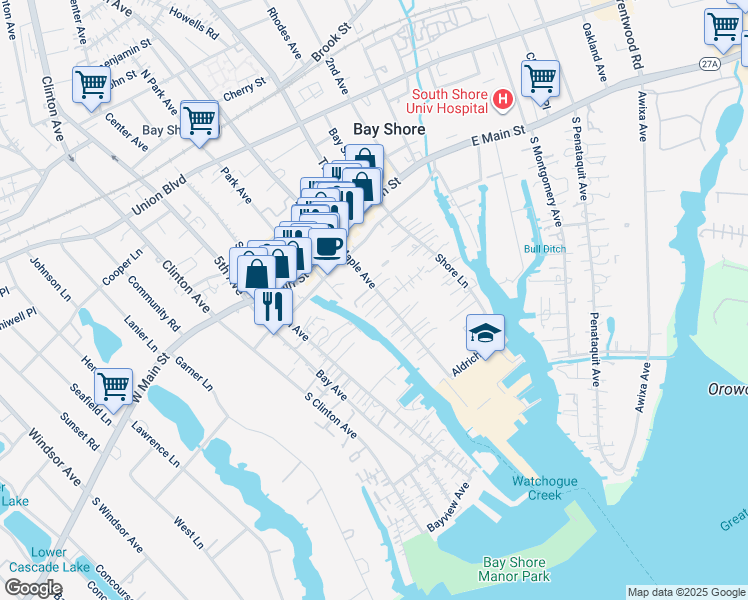 map of restaurants, bars, coffee shops, grocery stores, and more near 40 Maple Avenue in Bay Shore