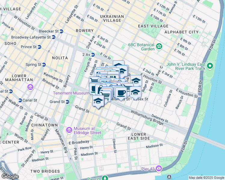 map of restaurants, bars, coffee shops, grocery stores, and more near 120 Delancey Street in New York