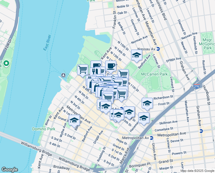 map of restaurants, bars, coffee shops, grocery stores, and more near 90 Berry Street in Brooklyn