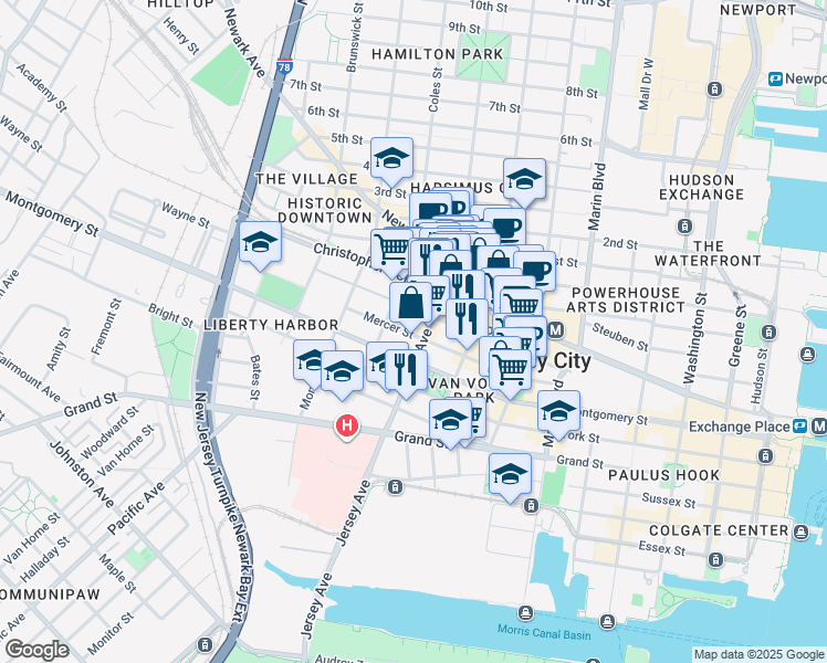 map of restaurants, bars, coffee shops, grocery stores, and more near 120 Mercer Street in Jersey City