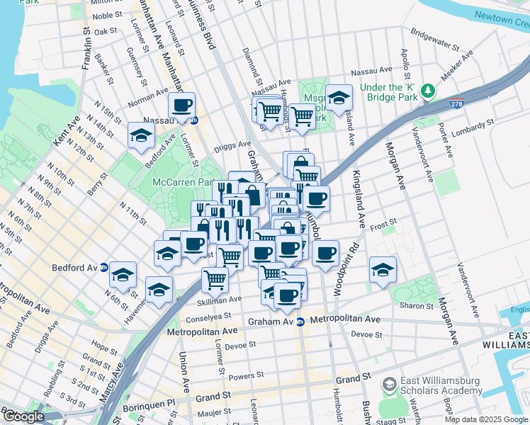 map of restaurants, bars, coffee shops, grocery stores, and more near 415 Manhattan Avenue in Brooklyn