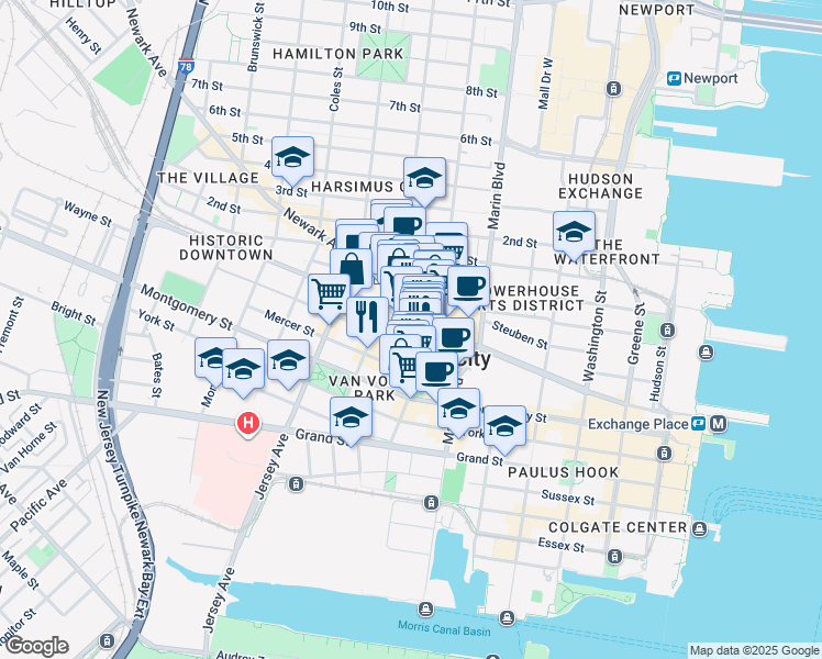 map of restaurants, bars, coffee shops, grocery stores, and more near 49 Wayne Street in Jersey City