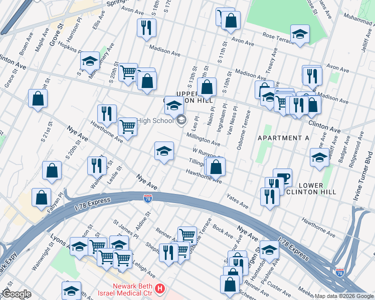 map of restaurants, bars, coffee shops, grocery stores, and more near 326 West Runyon Street in Newark
