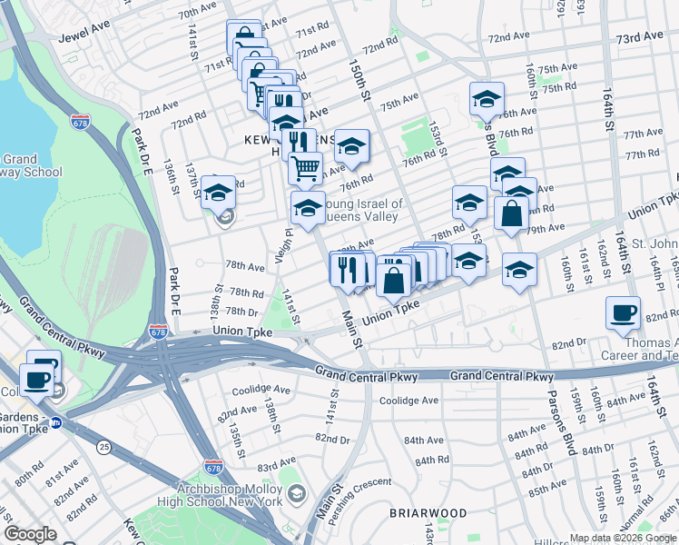map of restaurants, bars, coffee shops, grocery stores, and more near in Queens