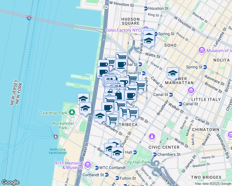 map of restaurants, bars, coffee shops, grocery stores, and more near 182 Franklin Street in New York