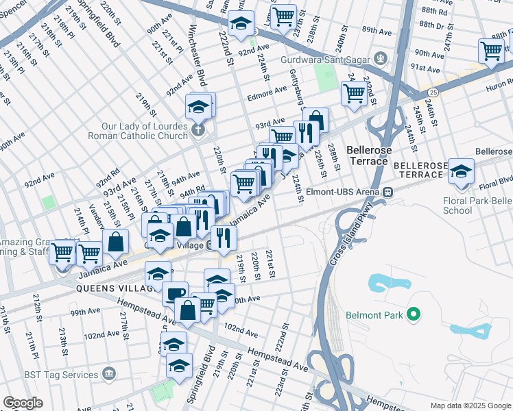 map of restaurants, bars, coffee shops, grocery stores, and more near 96-20 222nd Street in Queens