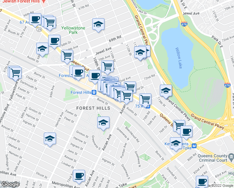 map of restaurants, bars, coffee shops, grocery stores, and more near 72-03 Austin Street in Queens