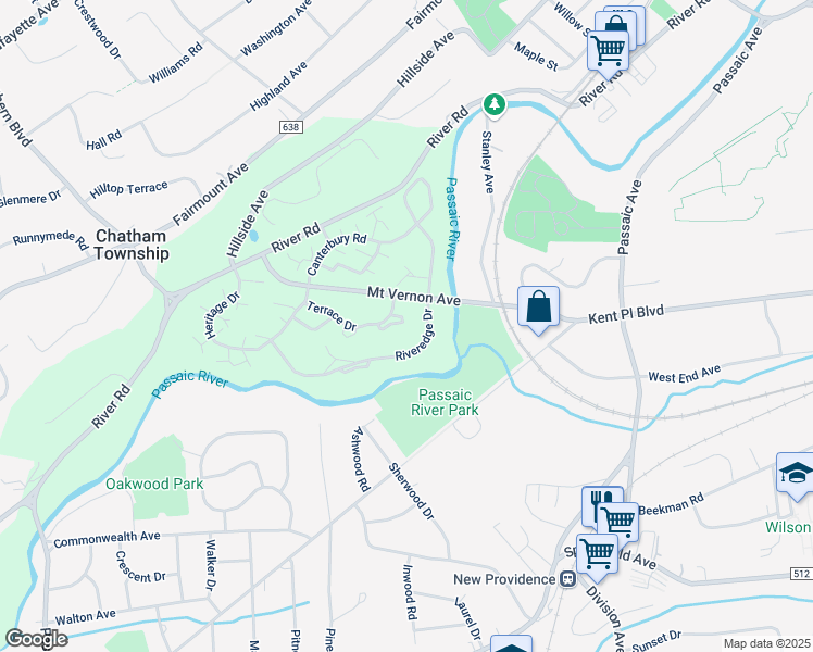 map of restaurants, bars, coffee shops, grocery stores, and more near 142 Riveredge Drive in Chatham Township
