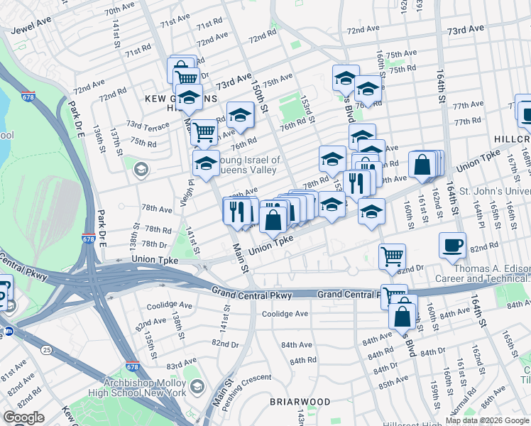 map of restaurants, bars, coffee shops, grocery stores, and more near 79-19 147th Street in Queens