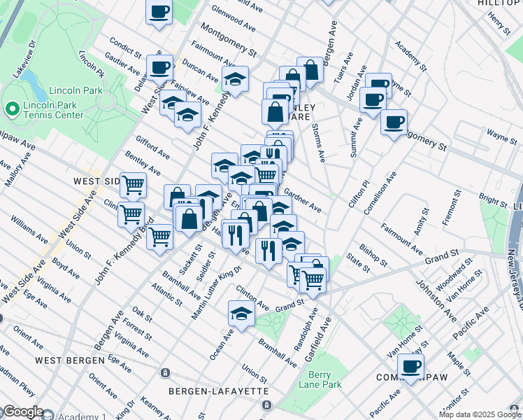 map of restaurants, bars, coffee shops, grocery stores, and more near 141 Monticello Avenue in Jersey City