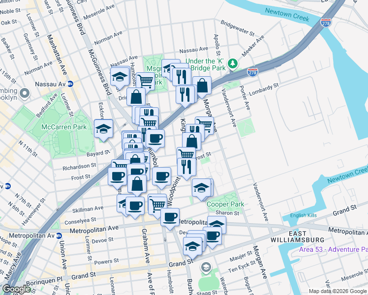 map of restaurants, bars, coffee shops, grocery stores, and more near 252 Richardson Street in Brooklyn