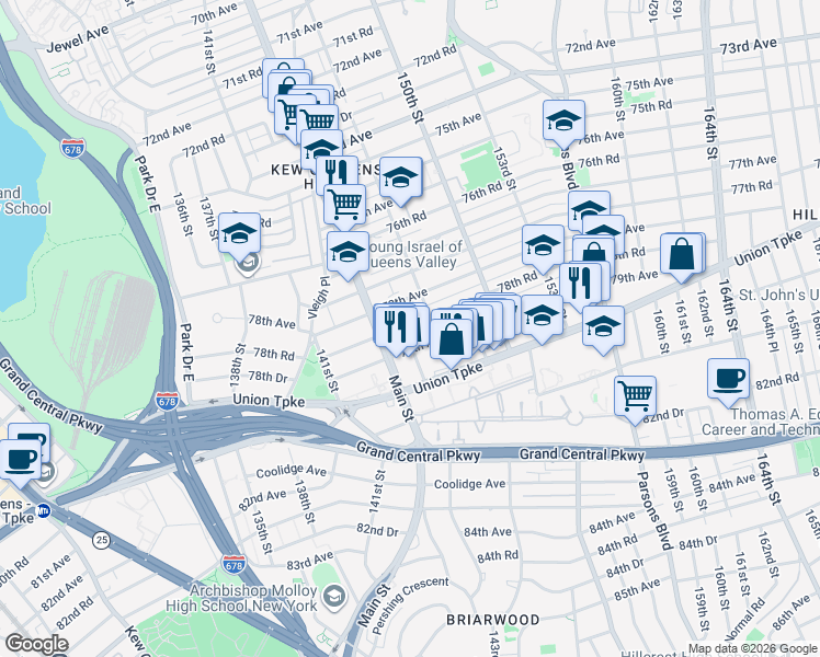map of restaurants, bars, coffee shops, grocery stores, and more near 156-33 79th Avenue in Queens