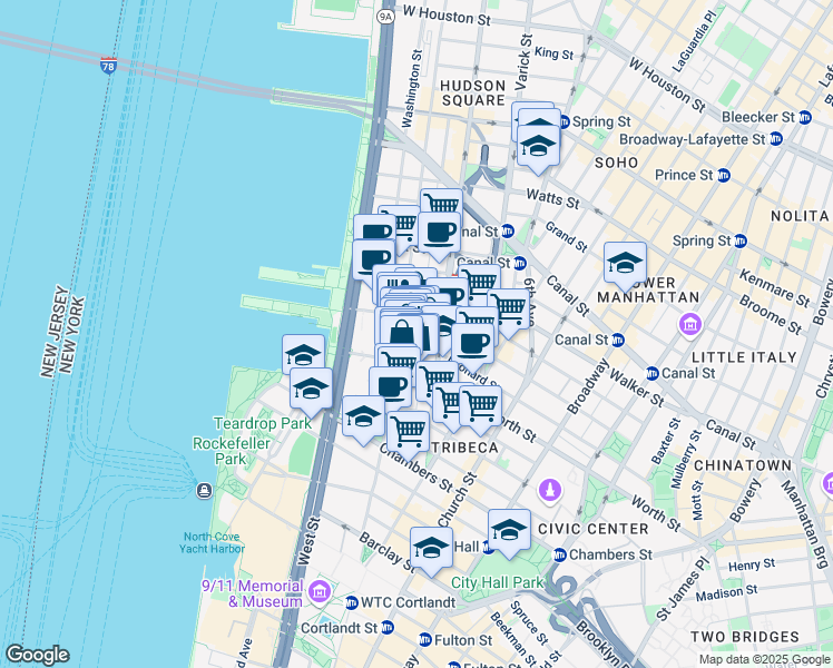 map of restaurants, bars, coffee shops, grocery stores, and more near 361 Greenwich Street in New York