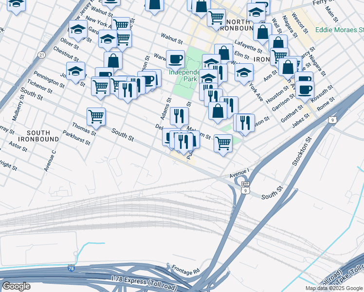 map of restaurants, bars, coffee shops, grocery stores, and more near 392 South Street in Newark