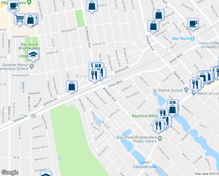 map of restaurants, bars, coffee shops, grocery stores, and more near 82 Sunset Road in Bay Shore