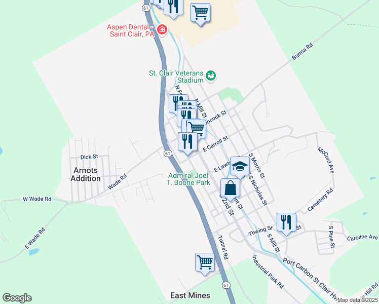 map of restaurants, bars, coffee shops, grocery stores, and more near 11 North 3rd Street in Saint Clair